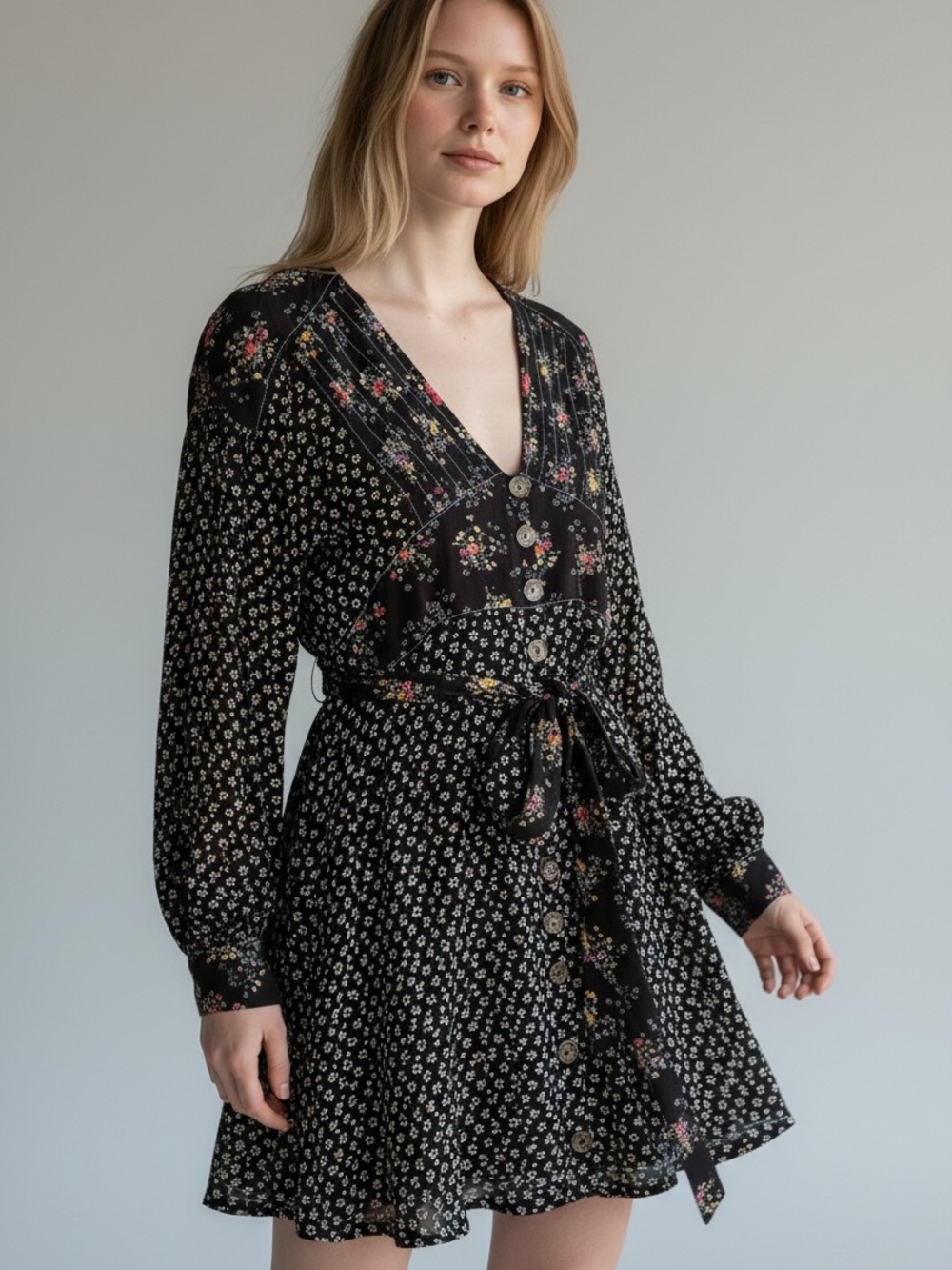 Boho Free People Black Floral V-Neck Button-Front Dress with Tie Waist